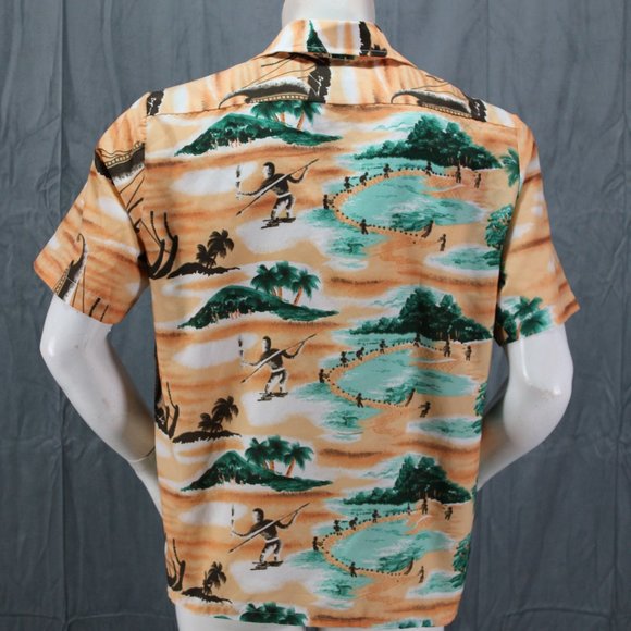 Vintage Hawaiian Shirt - Island and Tribal Pattern by Van Cort - Men's Medium - Picture 7 of 9